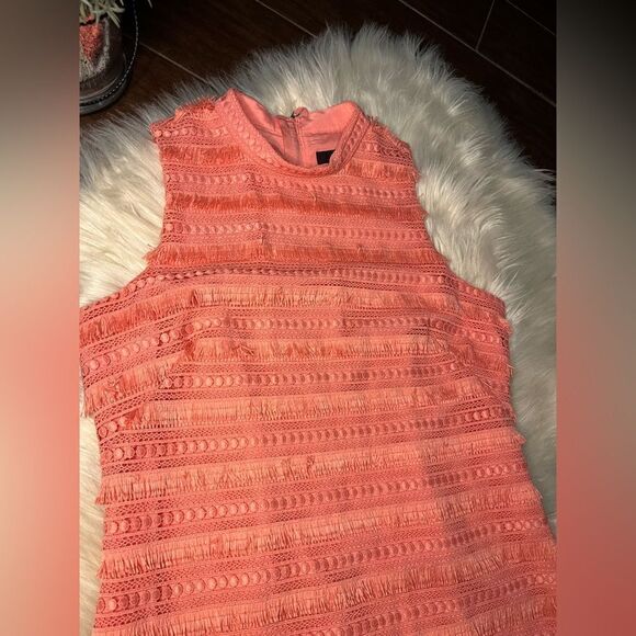 J. Crew Sheath Dress Coral Pink Fringe Corchet Lined Mock Neck Sleeveless sz 4 - Picture 4 of 11